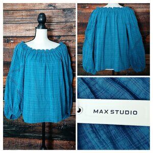 NWT Max Studio Peasant Top M Peacock Blue Plaid Off Shoulder Balloon Sleeve